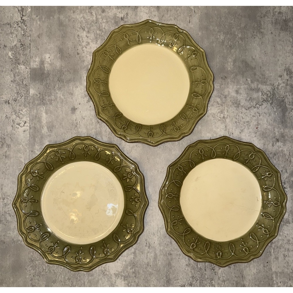 Set of 3 Pier 1 Gemma Baroque Mosstone Green Crackle  11.5" Dinner Plates